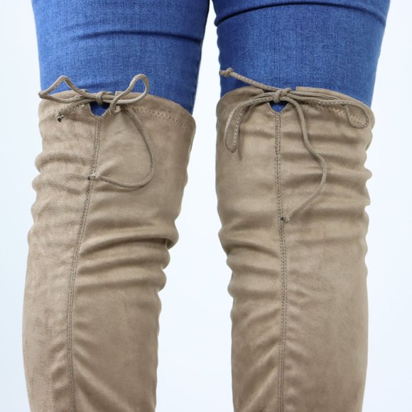 Taupe Thigh High Over The Knee Flat Boots Faux Suede - Picture 9 of 15